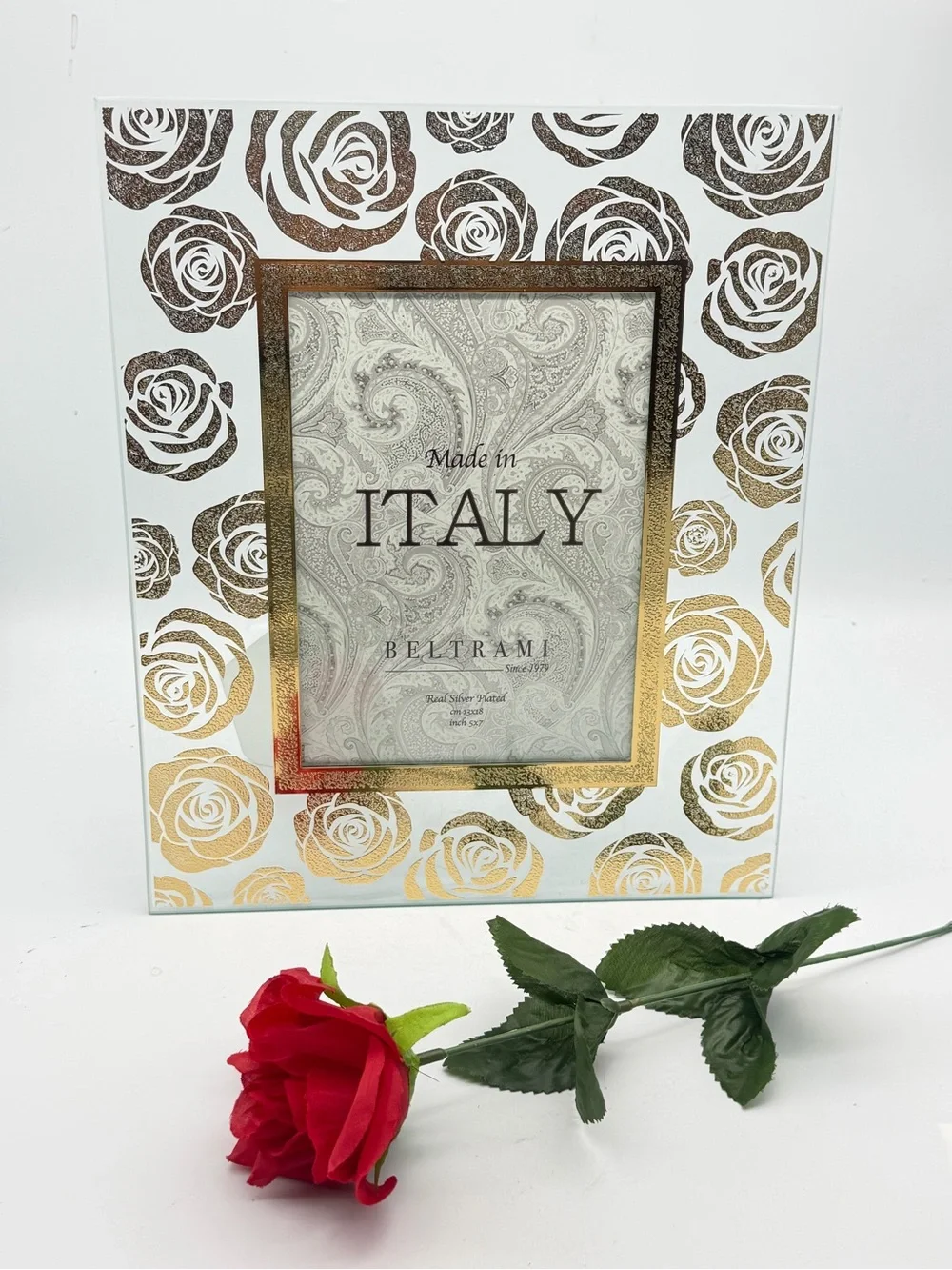 Gold Rose Patterned 5x7 Picture Frame on Glass Italian